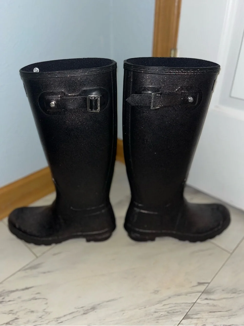 Hunter Original Starcloud Tall Rain Boots Size 7 Black/Dark Purple Glitter